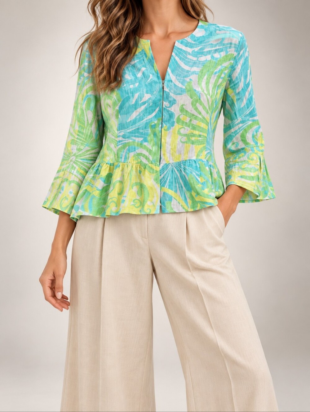 Ruby Rd Tropical Print Peplum Zip Front Blouse Rayon Blend NWT